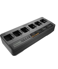 A black Motorola PMPN4284 multi-unit charger with four different charging ports for various XPR and APX Series devices.