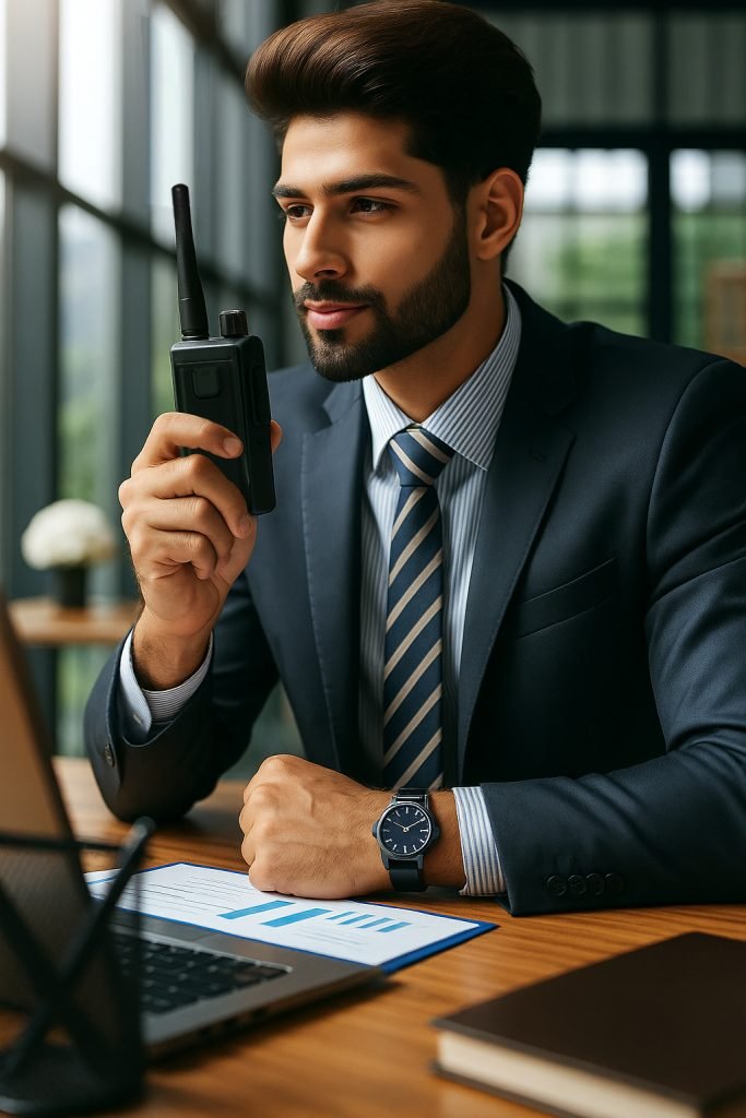businessman using hytera two way radio